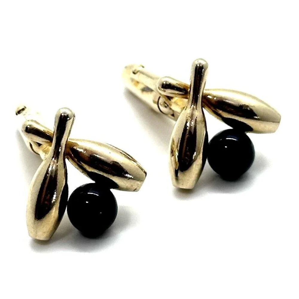 Vintage Bowling Cuff Links GOLD TONE Pins Black Ball 1960's Anson